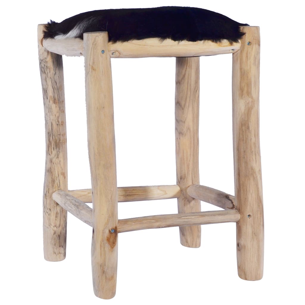 Tabouret De Bar Cuir De Chèvre Véritable Et Bois De Teck Massif