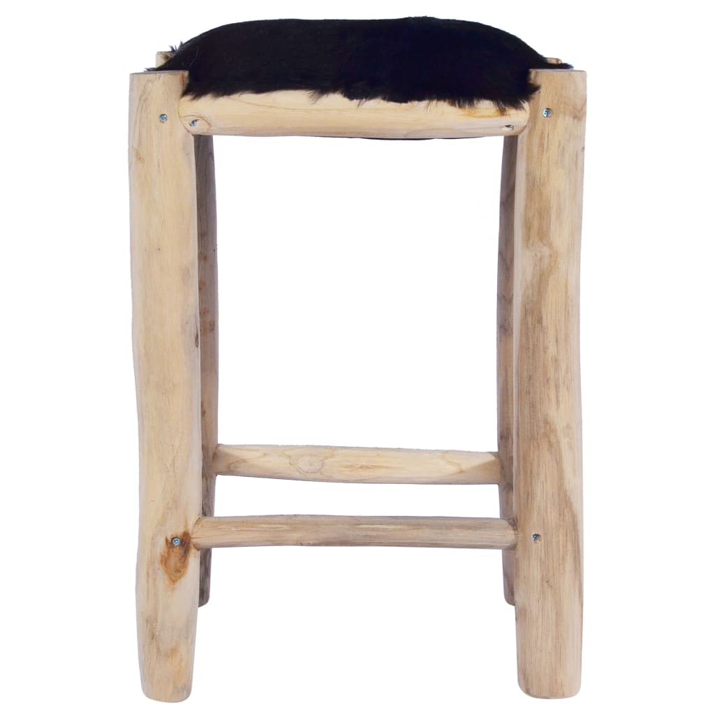 Tabouret De Bar Cuir De Chèvre Véritable Et Bois De Teck Massif