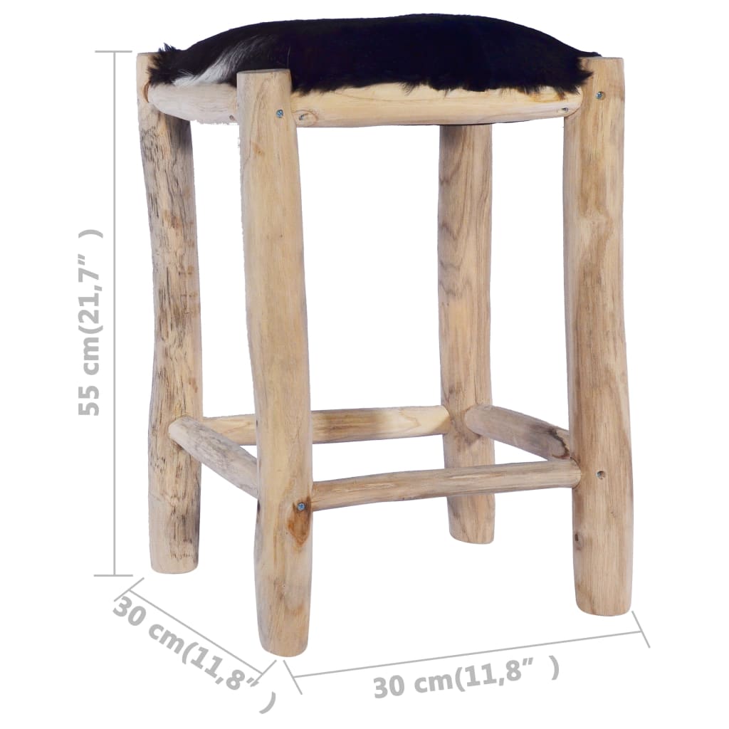 Tabouret De Bar Cuir De Chèvre Véritable Et Bois De Teck Massif