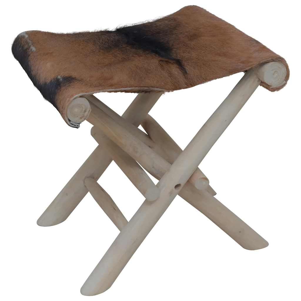 Tabouret Pliable Cuir Véritable Et Bois De Teck Massif