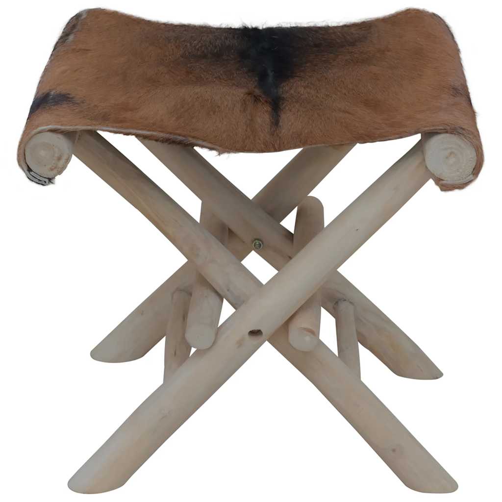 Tabouret Pliable Cuir Véritable Et Bois De Teck Massif