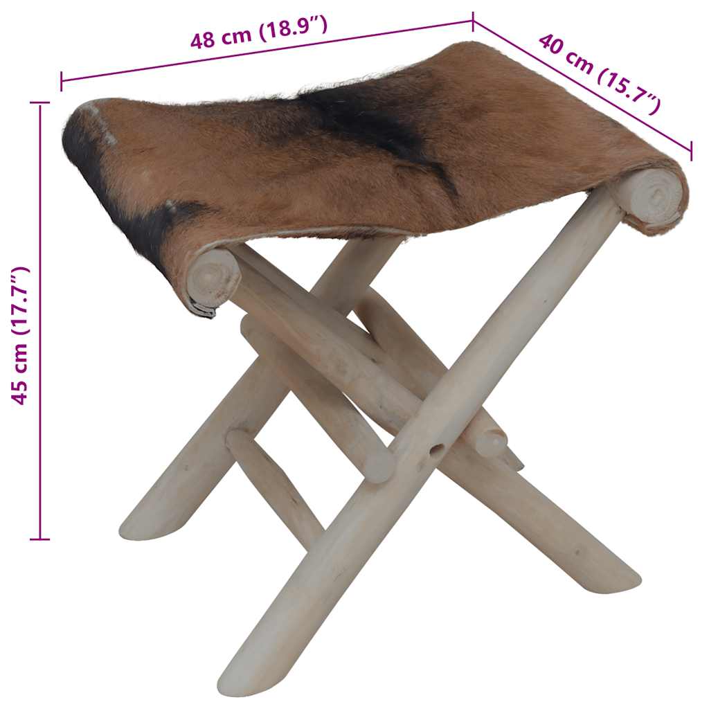 Tabouret Pliable Cuir Véritable Et Bois De Teck Massif