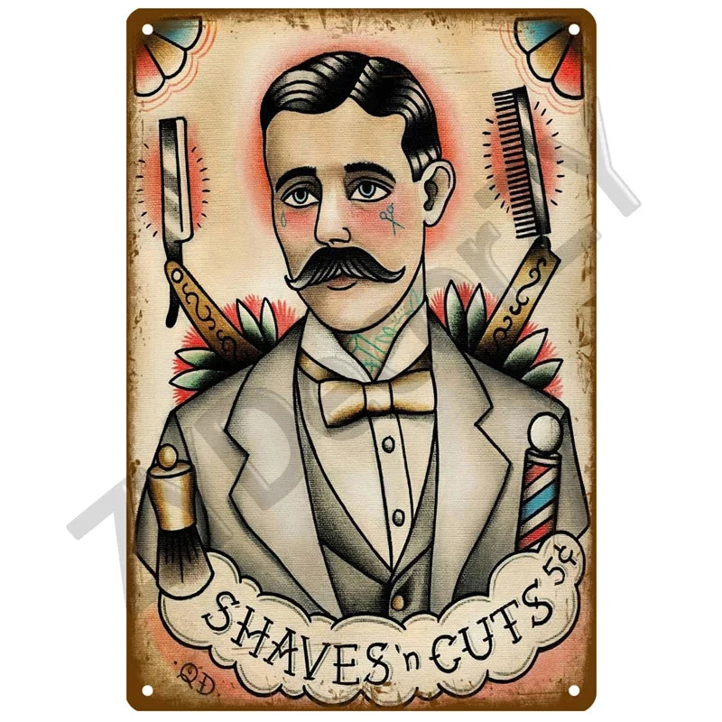 Cut & Shave Plaque Métal Vintage Barber Shop