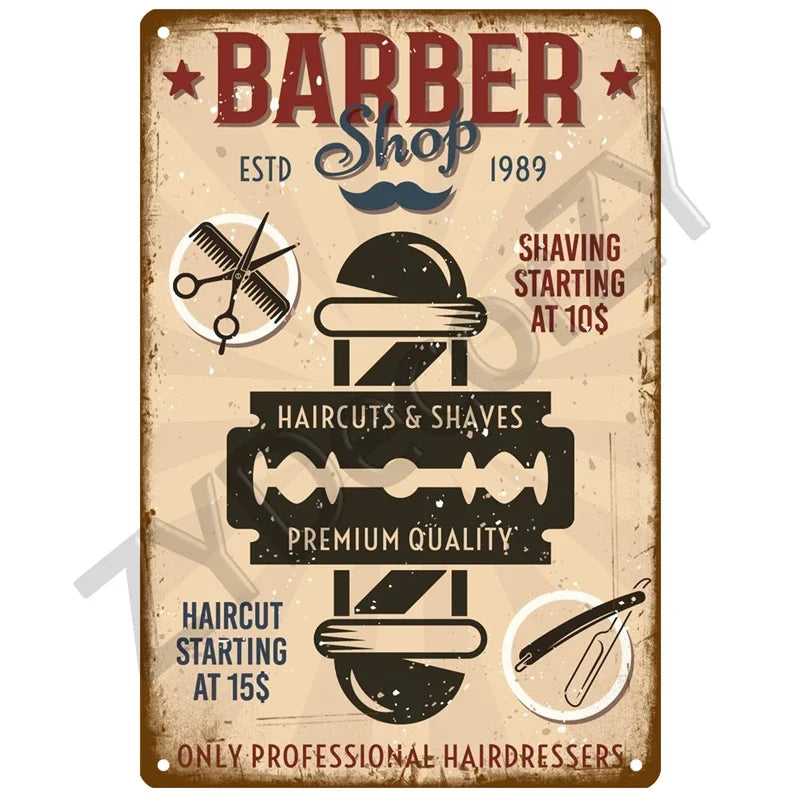 Cut & Shave Plaque Métal Vintage Barber Shop