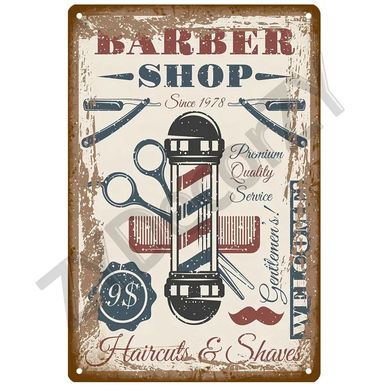 Cut & Shave Plaque Métal Vintage Barber Shop