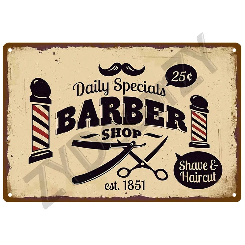 Cut & Shave Plaque Métal Vintage Barber Shop